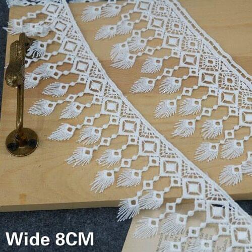 8CM Wide White Cotton Embroidered Tassel Lace Ribbon Sewing Trimming DIY Skirt Wedding Veil Clothing Curtain Stitching Material