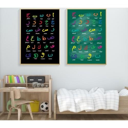 Arabic Alphabet Islamic Calligraphy Nursery Decor Canvas Paintings Poster Print Wall Art Pictures for Kids Room Home Decor