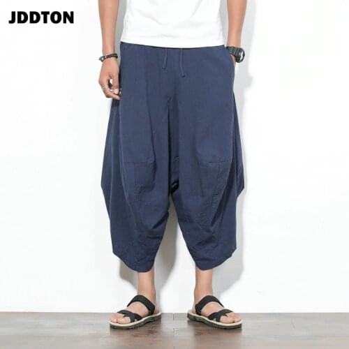 JDDTON Mens Chinese Style Pants Summer New Casual Wide-Leg Nepalese Lantern Loose Condolence Cropped Trousers Streetwear JE035