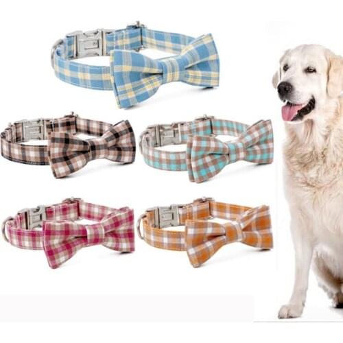 Elegant Lattice Dog Collar With Bow Soft Bowtie Pet Accessories Adjustable Pet Gift Collars For Small Medium Large Dogs