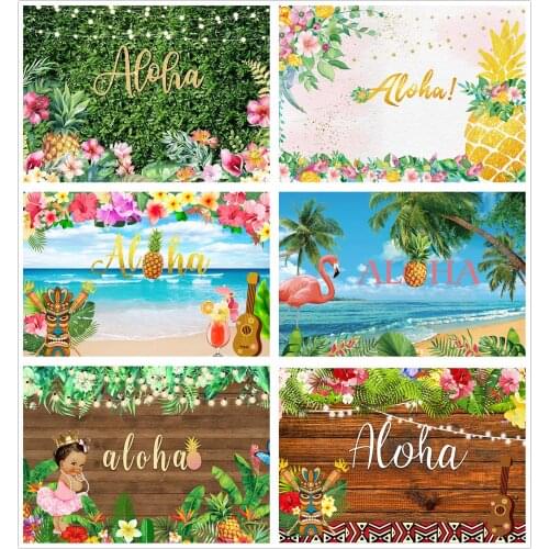 Summer Birthday Party Aloha Photo Background Decoration Beach Flamingo Hawaii Party Sea Surf Tropical Photography Backdrop Props