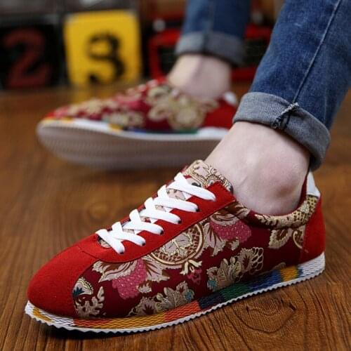 Flowers Canvas Men Shoes Outdoor Lace Up Sneaker for Men Sport Black Red Shoes Mens Sneakers Casual Running