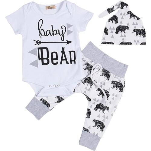 Summer Newborn kids Baby Boys Girls Short Sleeve Romper Bear Printed Jumpsuit + Long Pants Hat Outfits