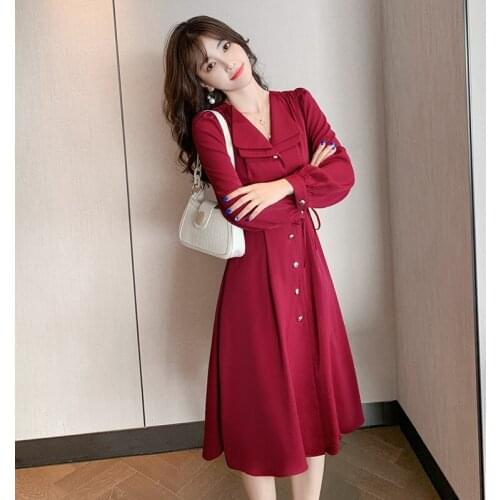 Red Dresses for Woman 2021 Spring New Fashion Red New Year Slim High Waist Dress Doll Collar Single Breasted Knee-length Dress