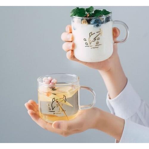 350/380ml Creative Glass Mug Breakfast Mlik Coffe Cup Household Couple Water Cup Japanese Flower Fish Pattern Drinkware