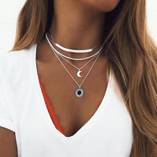 Trendy Bohemian 4 Layer Moon Choker Necklace For Woman Vintage Multilayer Chunky Snake Chains Necklaces Fashion Jewelry 2021 New