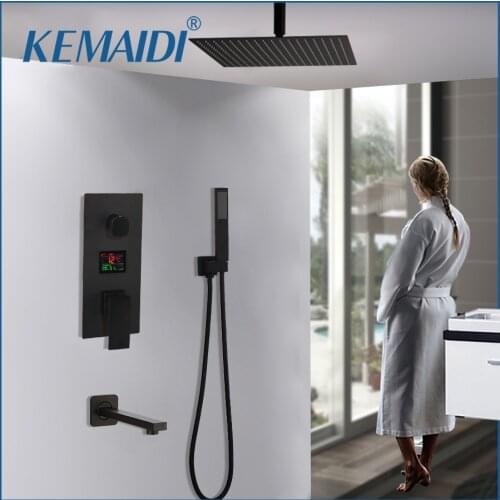 KEMAIDI 3-way Black Digital Shower Faucets Set Rainfall Shower Head Digital Temp Display Mixer Tap Swivel Tub Spout Bath Shower