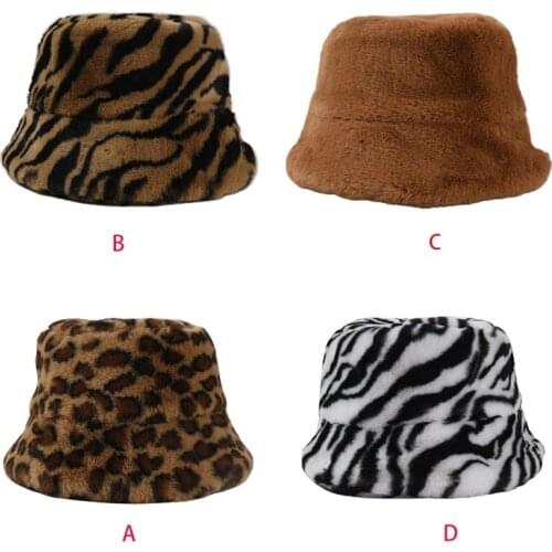 New Fashion Women Vintage Leopard Zebra Print Bucket Hat Winter Fuzzy Plush Fisherman Cap