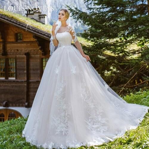 Louis Novias Beach Wedding Dress Exquisite Embroidery Long Sleeve Floral Print Zipper Princess Wedding Gowns Vestido De Noiva