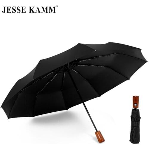 JESSE KAMM Fully Automatic Sunny And Rainy Umbrella Black Coating WindproofRain Solid Wood Handle 10 Ribs For Business Gentleman