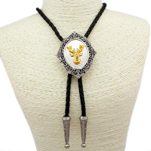 Fab Southwest Silver Plated Gold Whitetail Deer Head Stag Elk Buck Hunt Leather Bolo Tie Men Gift Necklace Necktie Jewelry