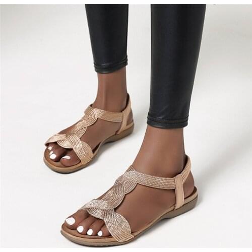 2021 Summer Women Sandals Flats Casual T-Strap Gladiator Sandals Fashion Bling Gold Silver Knitted Beach Flat Shoes Women