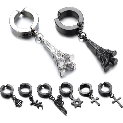 Men Women Hiphop Rock Style Stainless Steel Cross Dangle Hoop Clip on Earrings Non-Piercing Ear Clip