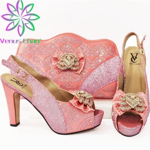 Special Crysral Style Italian Design Lastest Elegant Pink Color Women Shoes and Bag African Set Decorated With Rhinestone