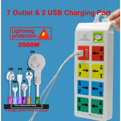 7 Outlet socket Universal Power Strip Socket and 2 USB Charger Ports with EU UK US type