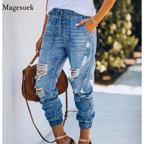 Vintage Elastic Waist Jeans High Waist Jeans Slim Hole Loose Jeans Skinny Jeans for Women Pencil Pant Full Length Jeans 16227