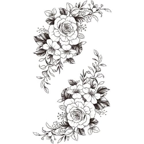 Waterproof Temporary Tattoo Sticker Black Plain Flower Peony Rose Leaves Design Fake Tattoos Flash Tatoos Arm Body Art for Women