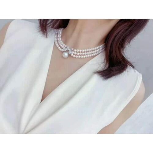 Hand knotted 3 rows 43-47cm 5-6mm white nearly round freshwater pearl bowknot micro inlay zircon necklace fashion jewelry