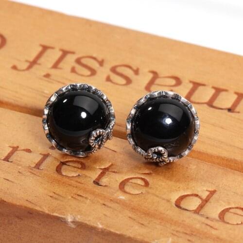 ZHJIASHUN Vintage 100% 925 Sterling Silver Natural Chalcedony Stud Earrings For Women Retro Gemstones Earring Jewelry Female