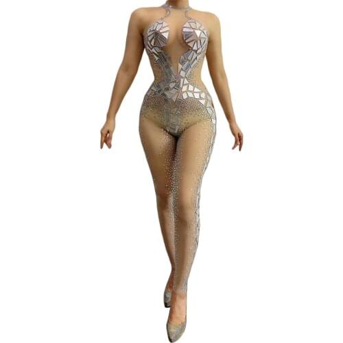 Women Dancer Singer Show Stage Costume Summer Silver Rhinestones Birthday Prom Jumpsuits Mirrors Transparent Sleeveless Jumpsuit