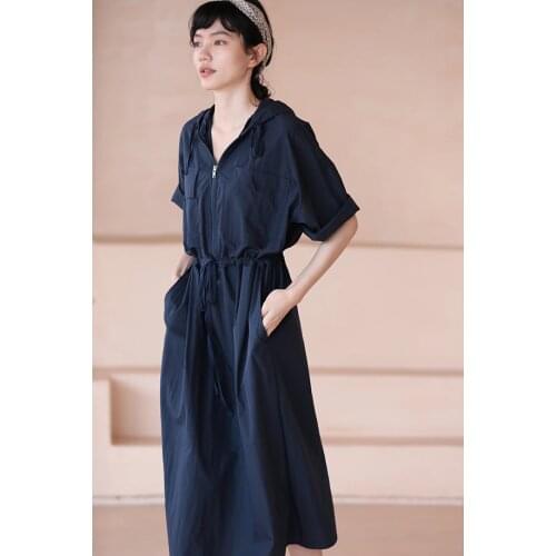 2021 Summer New Arrival Women High-End Casual Tooling Dress Elastic Waist Loose Hooded Elegant Temperament Female Slim Pocket