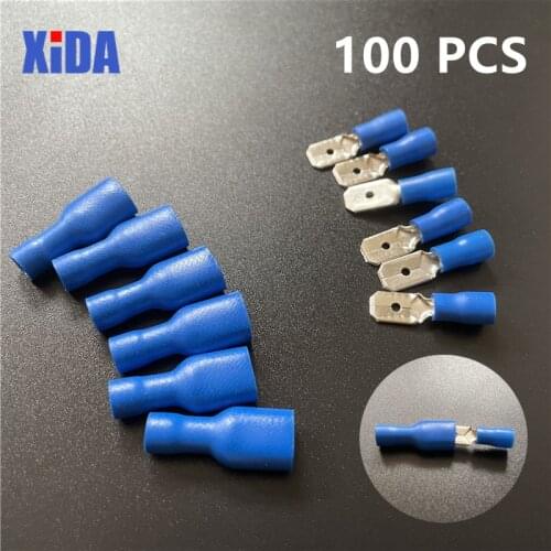 100pcs 50pairs 6.3mm 16-14AWG Female Male Electrical Wiring Connector Insulated Crimp Terminal Spade Blue FDFD 2-250 MDD 2-250