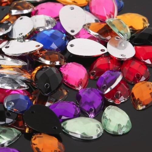 100Pcs Holes Sew Mixed Faceted Teardrop Acrylic Rhinestone Flatback Scrapbooking Beads 8x13mm Decoration Clothes Bags