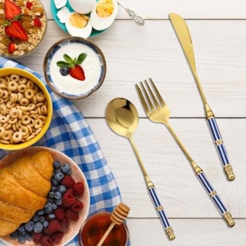 3pcs/set Gold Coffee Spoon Fork Cutlery Kit Dinnerware Stainless Steel Flatware Spoon Porcelain Home Kitchen Utensils #L