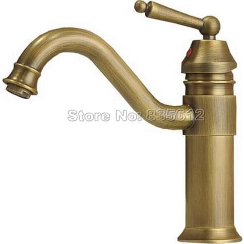 360 Swivel Spout Antique Brass Bathroom Basin Faucet / Single Handle Single Hole Deck Mounted Vessel Sink Mixer Taps Wnf007
