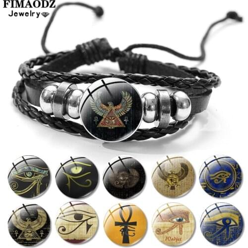 FIMAODZ The Eye Of Horus Bracelet Egyptian Symbol Vintage Glass Photo Handmade Black Leather Bracelets Bangles Men Gift