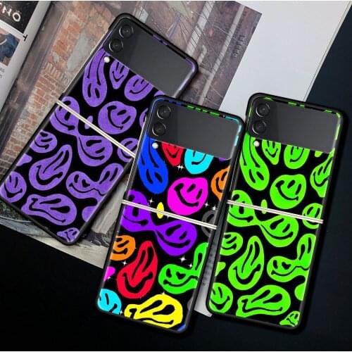 Case For Samsung Galaxy Z Flip 3 5G Funda ZFlip3 Luxury Black PC Hard Shockproof Back Phone Coque Smiley Face Pattern Smiley