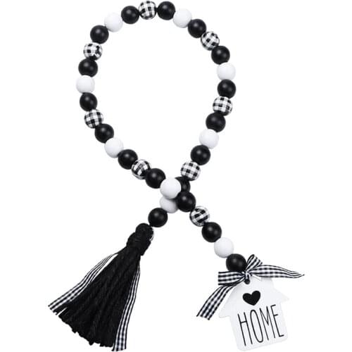 Farmhouse Wood Bead Garland,Black & White Plaid Rustic Wooden Beads with Tassels for Farmhouse Tiered Tray Decor