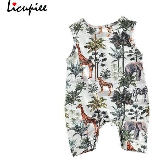 0-24 Months Floral Bodysuits Newborn Baby Sleeveless Romper, Casual Animal Tree Print Button Front Round Neck Jumpsuit