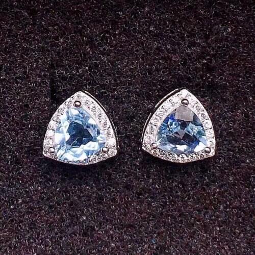 Natural real blue topaz triangle stud earring Per jewelry 6*6mm 1ct*2pcs gemstone 925 sterling silver Fine jewelry X218385