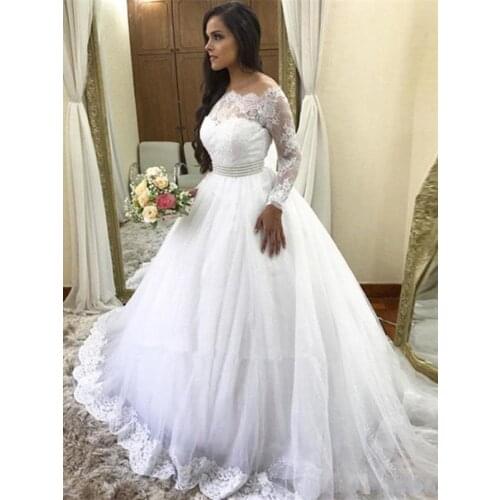Classic Ball Gown Wedding Dresses Sweep Train Princess Illusion Long Sleeves Applique Bridal Gowns robe de mariage 2021