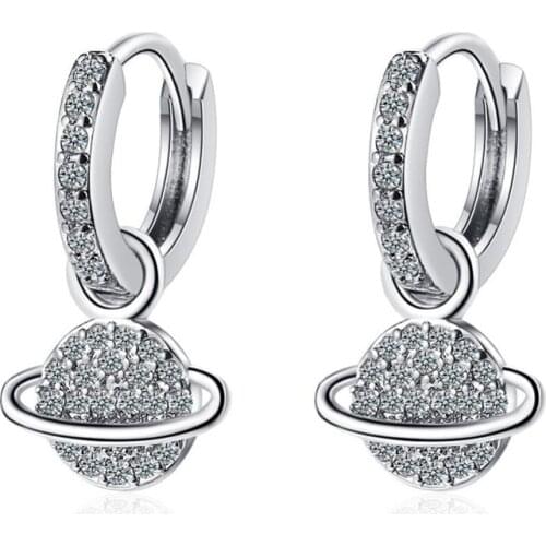 KOFSAC Romantic 925 Sterling Silver Earrings For Women Jewelry Cute Zircon Planet Short Hoop Earring Girl Valentines Day Gifts