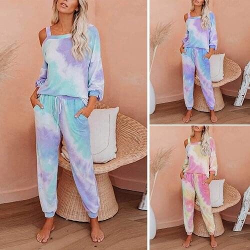 Women Tie Dye Lounge Wear Set Cold Shoulder Pajamas Sets Casual T Shirts and Pants Homewear Suit Sleepwear Loungewear