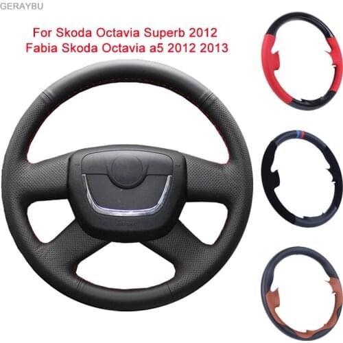 GERAYBU Custom DIY Black Leather Hand-sewn Car Steering Wheel Cover For Skoda Octavia Superb Fabia Skoda Octavia A5 2013 Yeti
