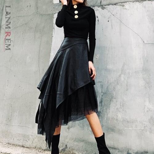 LANMREM 2021 Winter Autumn New PU Leather Skirt In The Long Section Of High Waist A-line Irregular Mesh Skirt 19B-a444