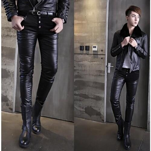Autumn winter personality fashion plus velvet motorcycle leather pants mens feet pants pu trousers for men pantalon homme splice