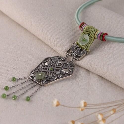 BOCAI New 100% Solid Purs S925 silver hand-woven Woman necklace fashionable ethnic style bat wishful Chinese knot jade necklace