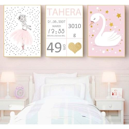 Custom Name Birth Posters Nursery Paintings Princess Swan Print Pink Ballet Girl Wall Art Canvas Star Pictures Baby Room Decor