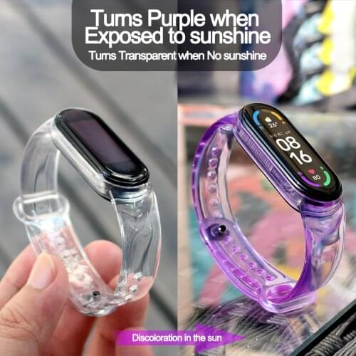 Discoloration Watch Band For Xiaomi Mi Band 3 4 5 6 Silicone Transparent Strap Color changing by light Replacement Wristband