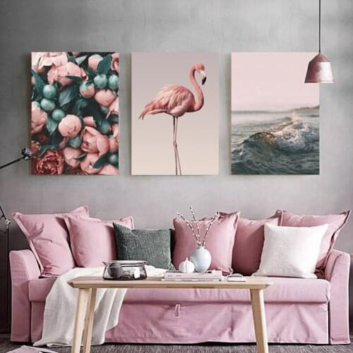 Nordic Canvas Painting Romantic Flamingo Rose Sea Wave Print Animal Painting Modern Wall Art Poster Home Bedroom Decor