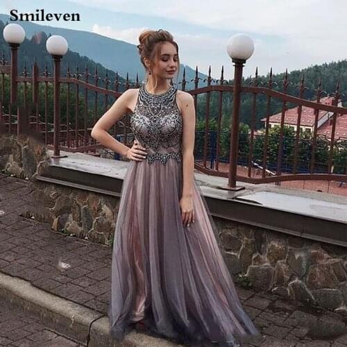 Smileven Arab Dubai Evening Party Gowns Scoop Neck Lace Evening Dress Beading Crystal robe de soiree Prom Gowns
