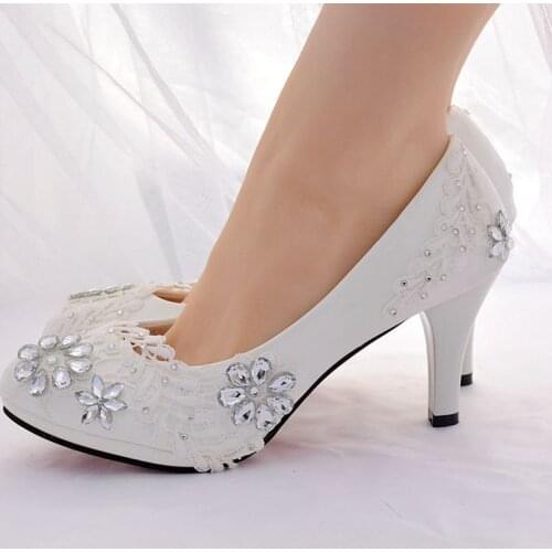 White lace wedding shoes bride platforms low high heel plus size 41 42 HS390 handmade crystal rhinestones bridal parties pump