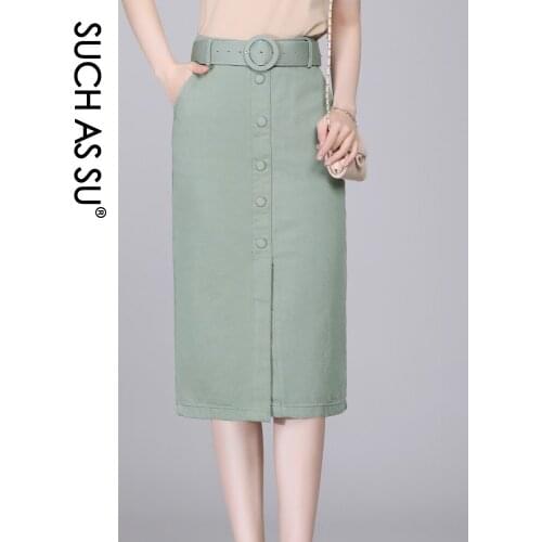 SUCH AS SU Autumn Winter Women Mid-Calf Camel Light green Beige Black S-3XL Denim High Waist Occupation Work Pencil Skirt 21111