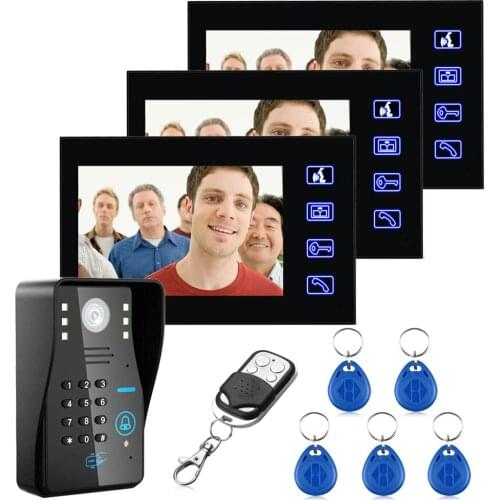 Touch Key 7" 3 Monitor RFID Password Video Door Phone Intercom System With IR Camera 1000 TV Line Remote Access Control System