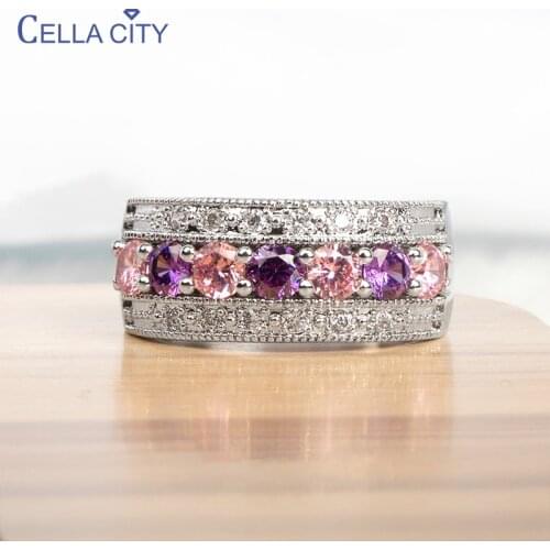 Cellacity Luxury Silver 925 Jewelry Gemstones Ring for Women Amethyst Powder Crystal Zircon Trendy Female Gift Party Wholesale