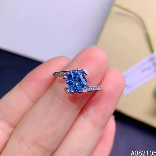 925 pure silver Chinese style natural London blue topaz womens trendy popular hexagon adjustable gem ring fine jewelry support